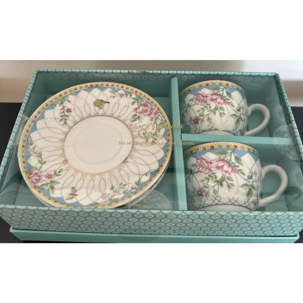 Grace's Teaware Fine Porcelain Set of 2 Espresso Cups & Saucers Floral